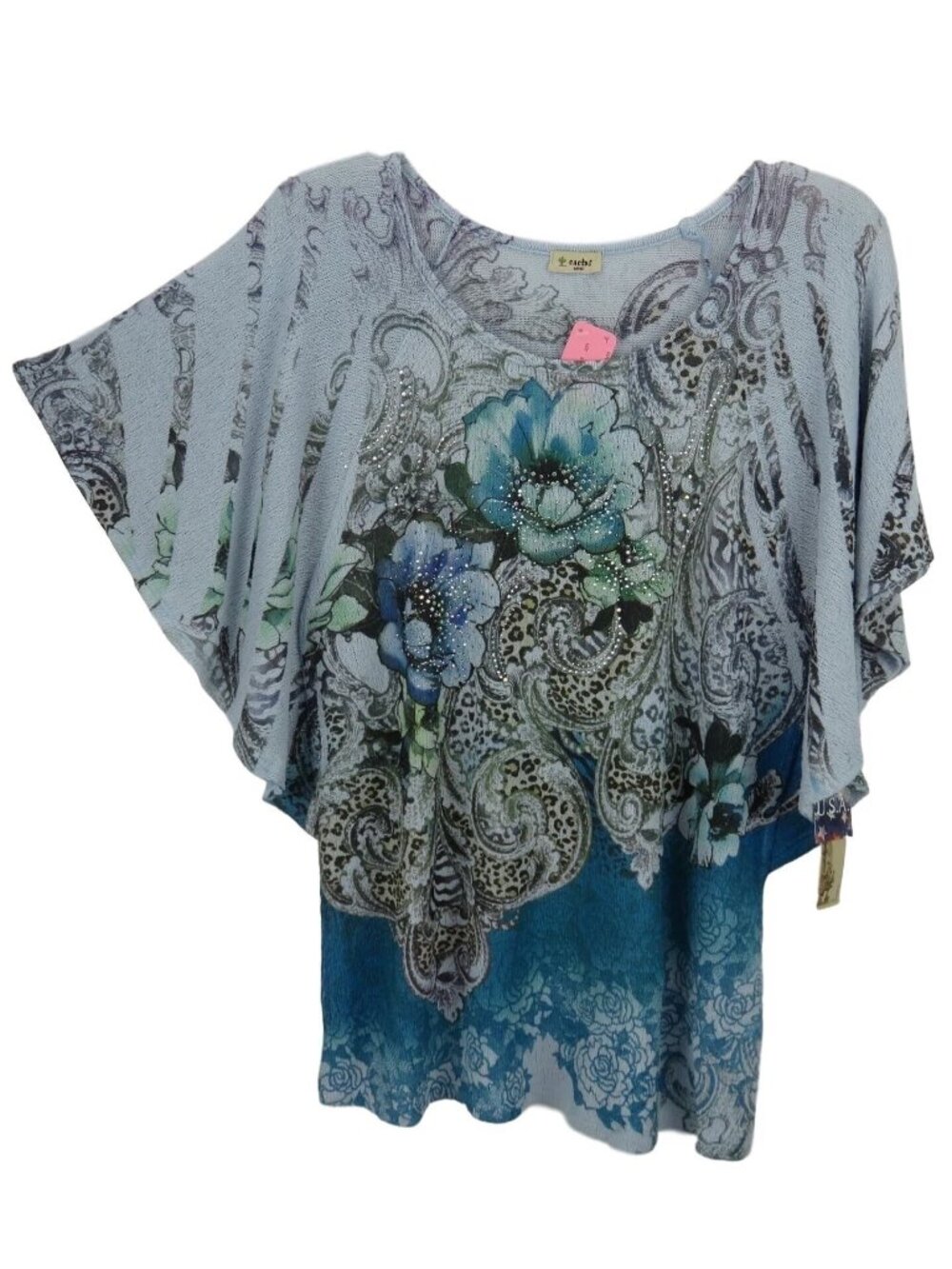 Cactus Top Tunic Women Size Small Floral Sequined Winged Sleeve Blue Multi